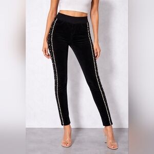 Boston Proper Black Velvet Pearl & Rhinestone Tuxedo Stripe Skinny Leggings